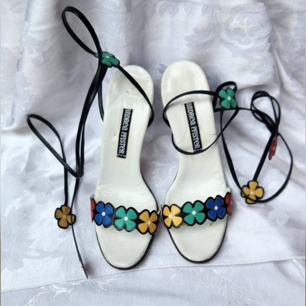 RARE VINTAGE 70s ANDREA PFISTER TIE UP FLOWER HEEL - Picture 5 of 8